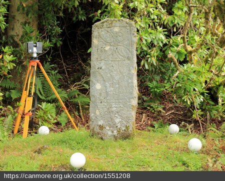 Photograph of Raasay Pictish cross slab during laser scanning. Crown Copyright: Historic Environment Scotland