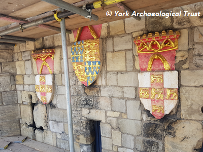 Three coats of arms on south west façade of Micklegate Bar. Copyright: York Archaeological Trust
