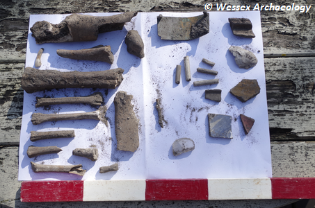 Recording shot of finds from planter dig. 1x0.5m scale. Plate 15 of report, Ref: 217970.02. Copyright: Wessex Archaeology