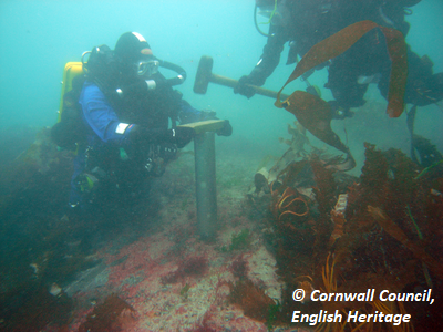 CISMAS Divers taking a core sample from an extensive submerged peat deosit in Isles of Scilly. Copyright: Cornwall Council, English Heritage